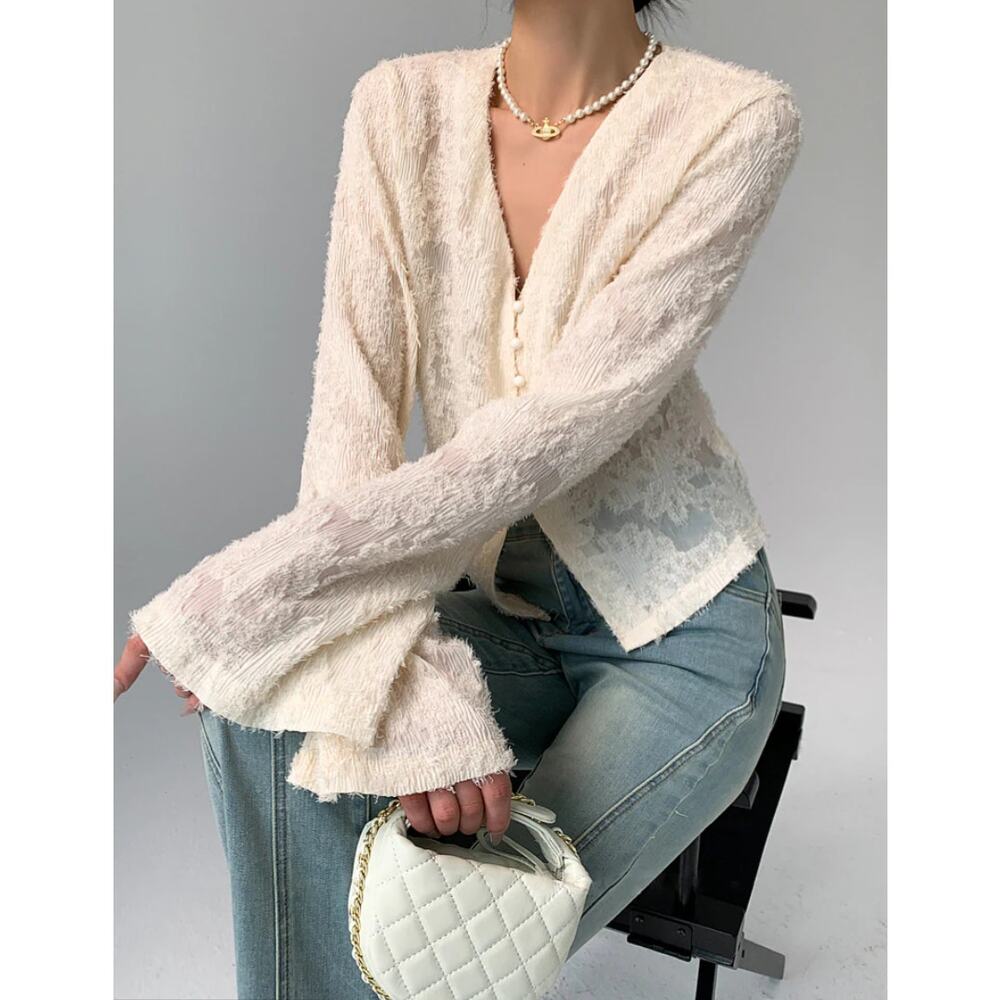 Commense Cream Textured Lacy Blouse Sz XS V Neck Long Sleeve Parisian Chic - Picture 2 of 9